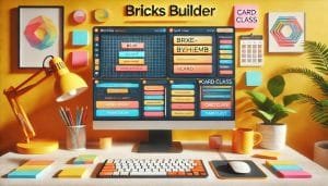A modern web development workspace featuring a vibrant Bricks Builder interface on a computer screen. The screen displays a design layout with dynamic