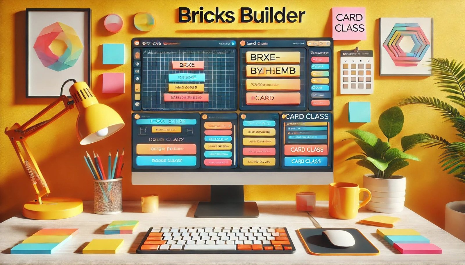 A modern web development workspace featuring a vibrant Bricks Builder interface on a computer screen. The screen displays a design layout with dynamic