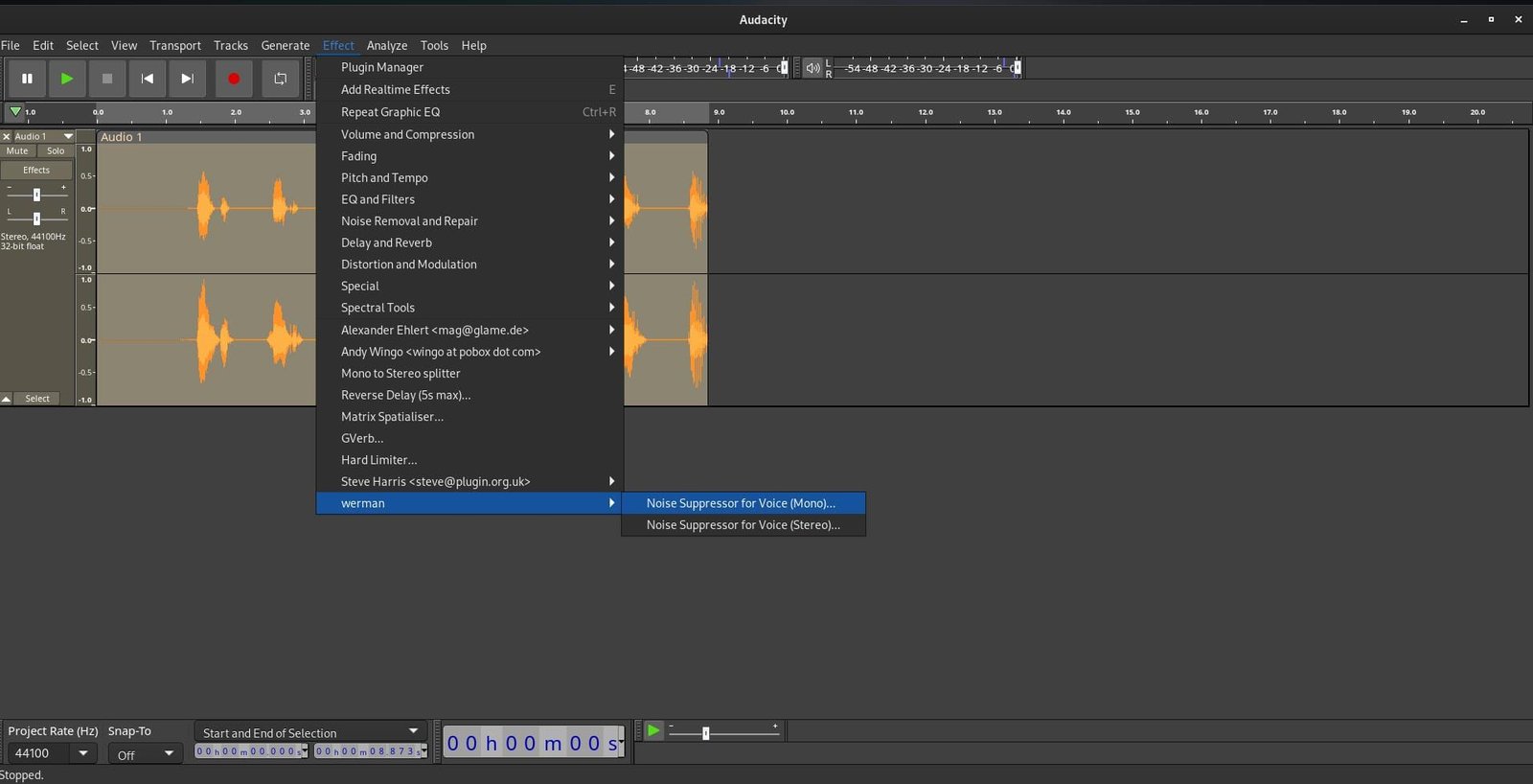 Locate the effect under the Effects menu as "werman Noise Suppressor for Voice (Mono)."