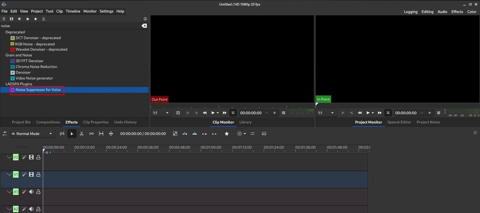 Search for "Noise Suppressor for Voice" in the Effects tab